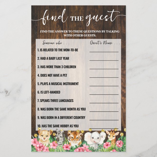 Flyer Rustic Pink Safari Find the Guest Shower Game Card (Frente)