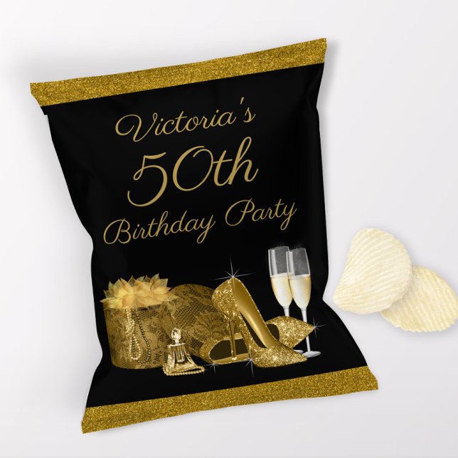 Flyer Saco de Batata Chips de Aniversário Dourado Femini (1 ounce snack bag wrapper flyer. )