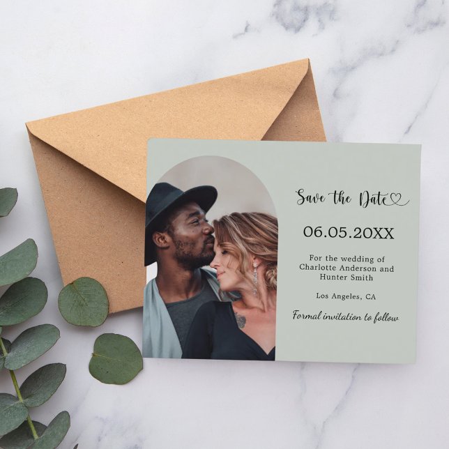 Flyer Sage green arch photo budget wedding Save the Date (Criador carregado)