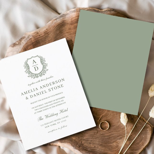 Flyer Sage Green Floral Crest Monograma Casamento (Criador carregado)