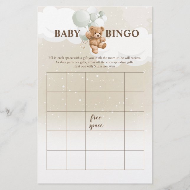 Flyer Sage Teddy Bear BINGO Convite de Jogos para Chá de (Frente)