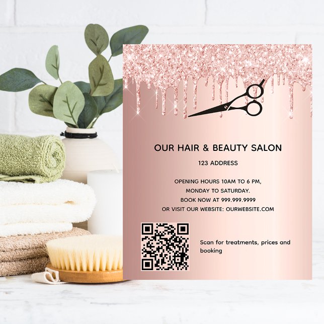 Flyer Salão de beleza de cabelo rosa dourado brilho códi (Criador carregado)