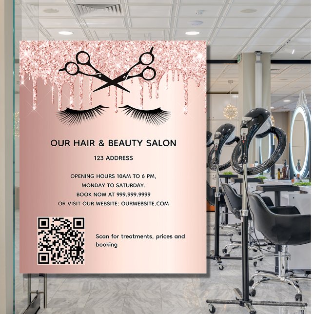 Flyer Salão de beleza de cabelo rosa dourado brilho códi (Criador carregado)