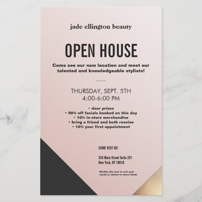 Flyer Salão de Beleza Moderno Rosa Dourado e Preto Bloco (Frente)