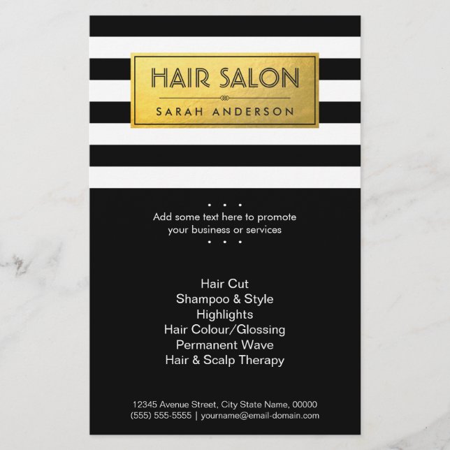Flyer SALÃO DE CABELO - Etiqueta Dourada e faixas branca (Frente)