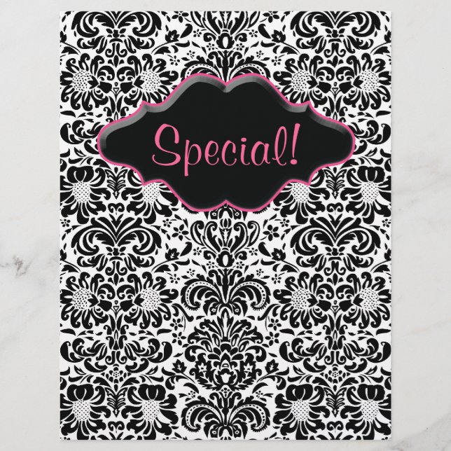 Flyer Salon Floral Damask Black White Rosa (Frente)