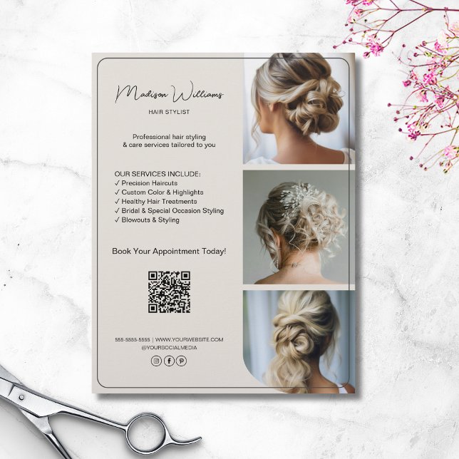 Flyer Salon Hair Stylist Services 3 Fotografias QR (Salon Hair Stylist Services 3 Photos QR Flyer)