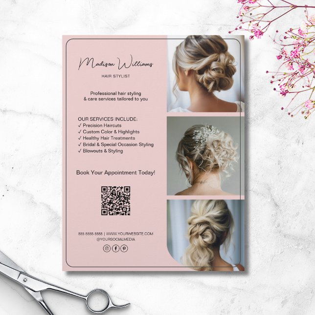 Flyer Salon Hair Stylist Services 3 Fotografias QR Rosa (Salon Hair Stylist Services 3 Photos QR Pink Flyer)