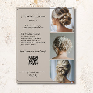 Flyer Salon Hair Stylist Services 3 Fotos QR Beige