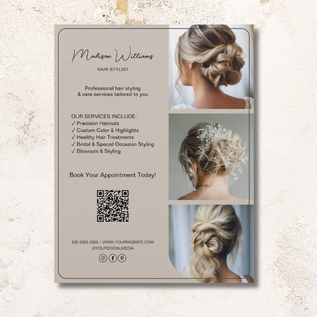 Flyer Salon Hair Stylist Services 3 Fotos QR Beige (Salon Hair Stylist Services 3 Photos QR Beige Flyer)