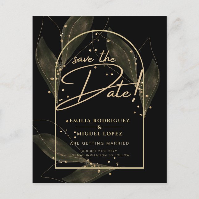 Flyer Salvar a Data do Casamento com Folhas de Ouro Pret (Frente)