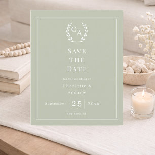Flyer Salve o verde sálvia com monograma para casamento 