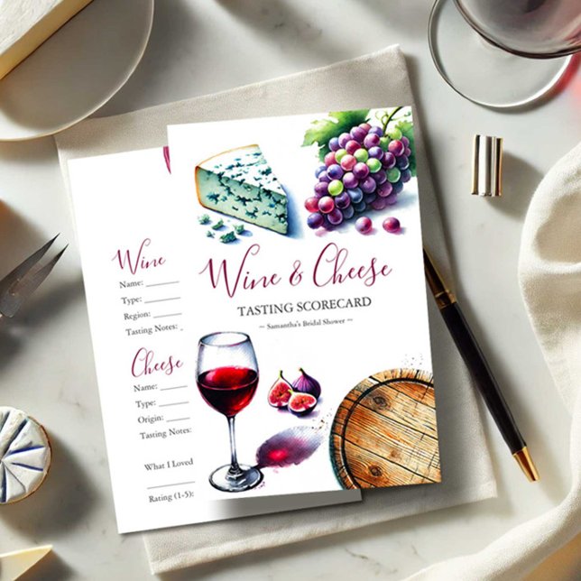 Flyer Scorecard de Classificação de Provandos de Vinho (Wine tasting scorecard features cute watercolor charcuterie theme by Victoria Grigaliunas )