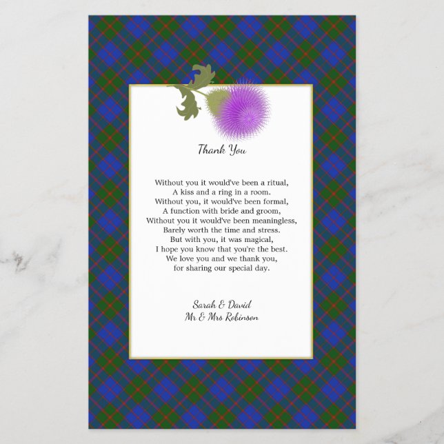 Flyer Scotch Clan Tartan Casamento Poema Obrigado Scroll (Frente)