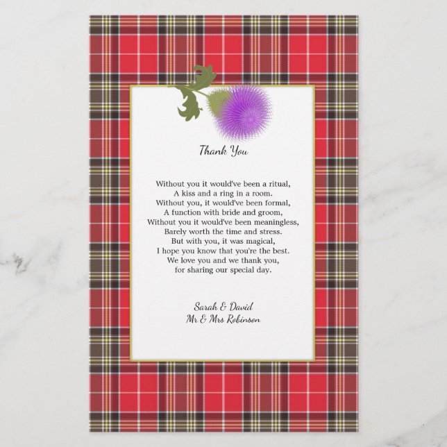 Flyer Scotch Clan Tartan Casamento Poema Obrigado Scroll (Frente)