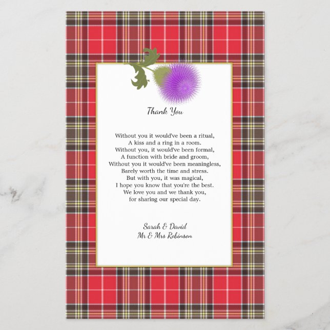 Flyer Scotch Clan Tartan Casamento Poema Obrigado Scroll (Frente)