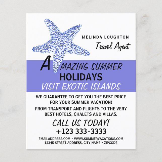 Flyer Sea Blue Beach Starfish, propaganda do agente Viag (Frente)