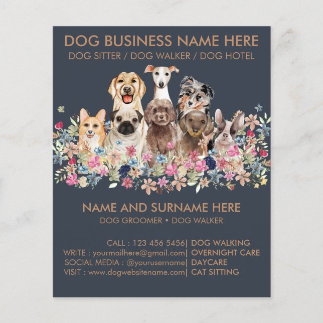Flyer Serviço de Cuidado de Cachorro Azul Marinho e Marr (Frente)
