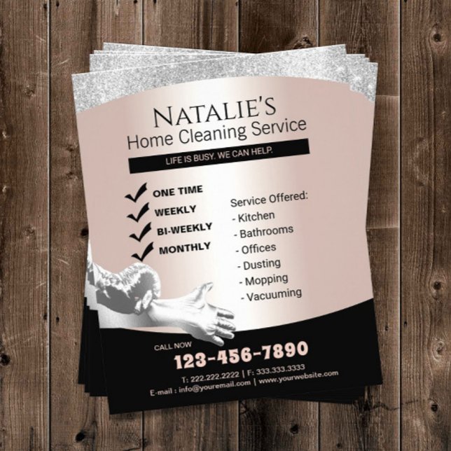 Flyer Serviço de Limpeza da Casa Silver e Rosa Dourado (Criador carregado)