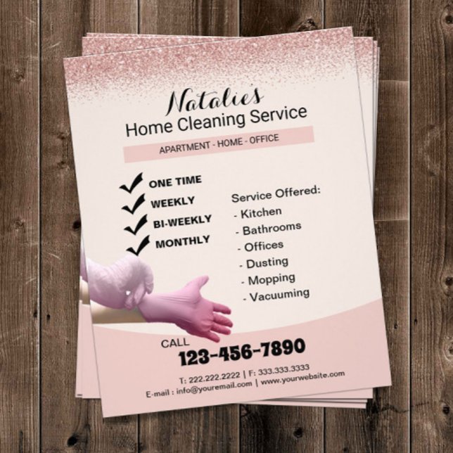 Flyer Serviço de Limpeza em Casa Rosa Rosa Dourada Brilh (Criador carregado)