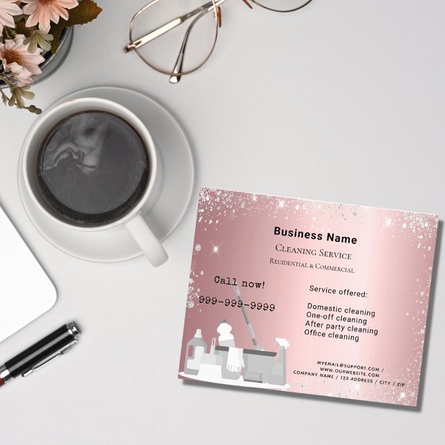 Flyer Serviço de limpeza em rosa bege glitter prata QR (Criador carregado)