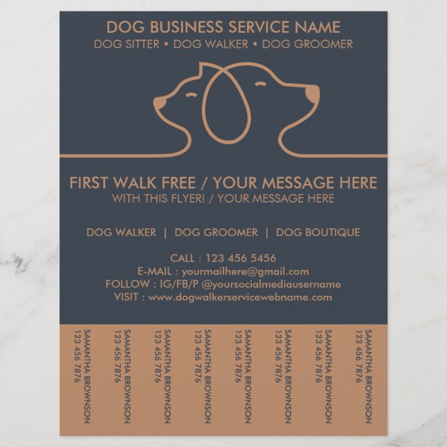 Flyer Serviço de Passeador de Cães Lineart Marrom Naval (Frente)