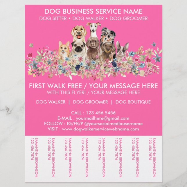 Flyer Serviço de Passeador de Cães Neon Pink Breeds (Frente)