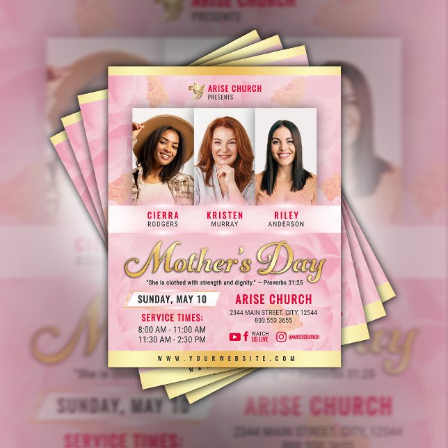 Flyer Serviço Religioso do Dia das Mães Flores Rosa e Do (Criador carregado)