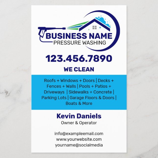 Flyer Serviços de lavagem de pressão branca e azul (Frente)