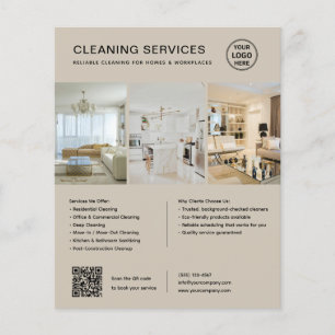 Flyer Serviços de Limpeza Bege Moderno QR Empresa