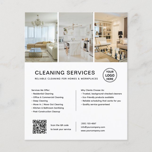 Flyer Serviços de Limpeza Branca Moderna QR Empresa (Frente)