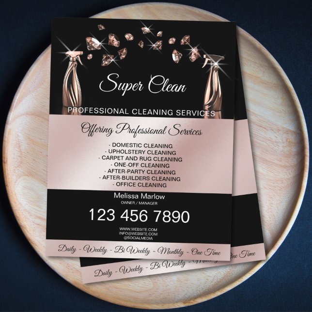 Flyer Serviços de limpeza de casas de habitação (rose gold house cleaning spray bottles spraying diamonds)