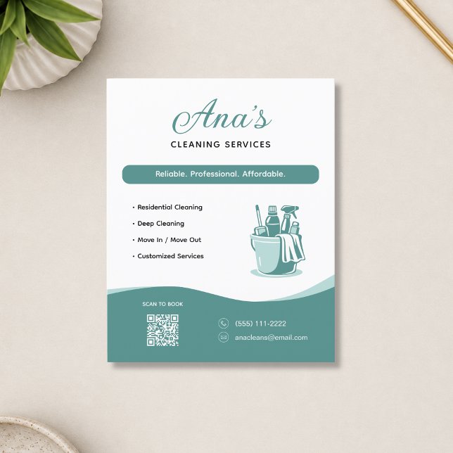 Flyer Serviços de Limpeza Faxina Código QR Teal (Cleaning Services Housekeeping Teal QR Code Flyer)