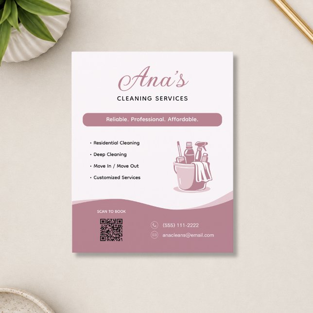 Flyer Serviços de Limpeza Faxina Rose Código QR (Cleaning Services Housekeeping Rose QR Code Flyer)