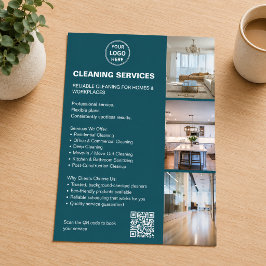 Flyer Serviços de Limpeza Logotipo Foto QR Azul Turquesa