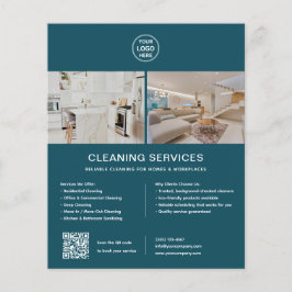 Flyer Serviços de Limpeza Logotipo Personalizado QR Azul