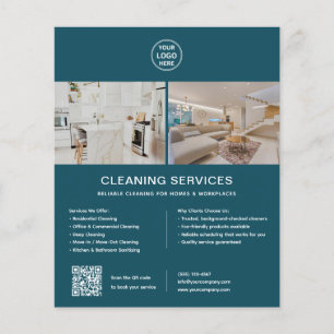 Flyer Serviços de Limpeza Logotipo Personalizado QR Azul