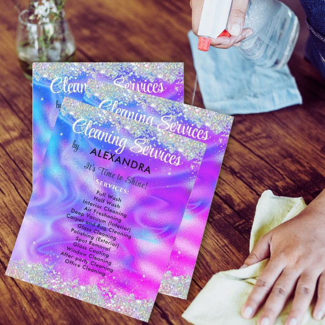 Flyer Serviços de Limpeza Manutenção Holográfica Roxa (Criador carregado)