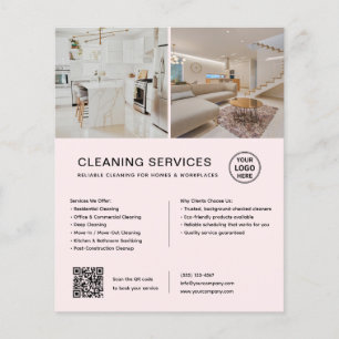 Flyer Serviços de Limpeza Minimalista QR Rosa Empresaria