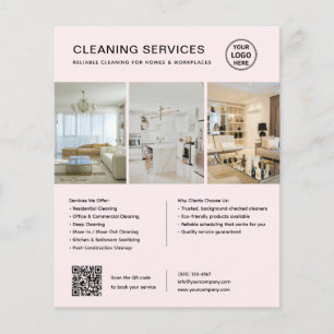 Flyer Serviços de Limpeza Rosa Moderno QR Empresa