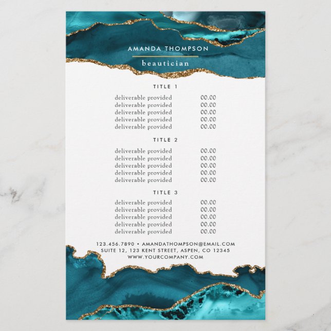 Flyer Serviços de Pedra Ágata Teal - Turquesa e Dourada (Frente)