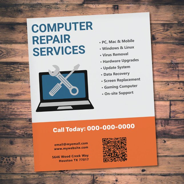 Flyer Serviços de Reparação de Computadores Laranja (Computer Repair Services Orange Flyer)