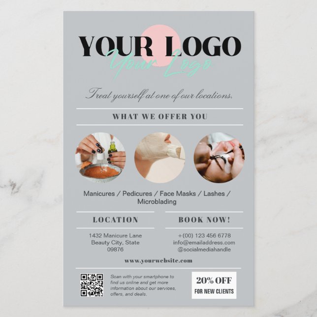 Flyer Serviços de Salão de Beleza com Logo Cinza Elegant (Frente)