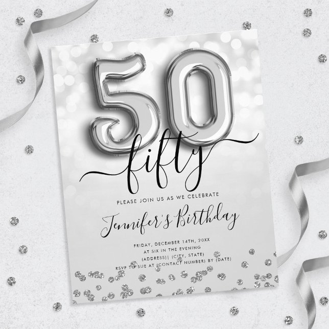 Flyer Silver Balloon Glitter 50th Convite para Festas de (Criador carregado)