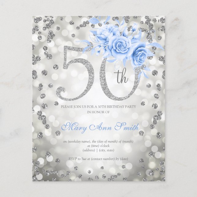 Flyer Silver Blue Floral 50th Birthday Lights (Frente)