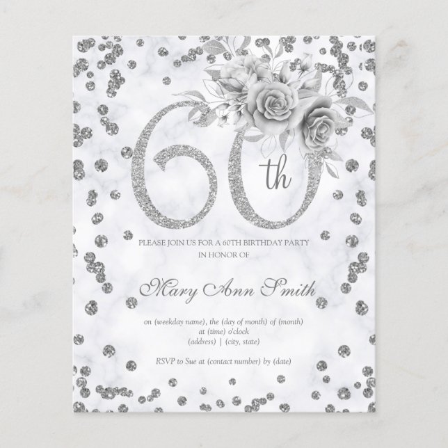 Flyer Silver Floral 60º Aniversário Convite Marble (Frente)