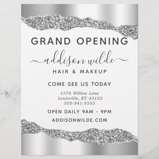 Flyer Silver Glitter Diamond Glam Business Grand Opening (Frente)