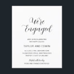 Flyer Simple Modern Budget Engagement Party Invitation<br><div class="desc">Contemporary black and white budget engagement party invitation flyer featuring a simple and minimalist layout with "We're Engaged" in an elegant calligraphy script.  A modern design that goes well with any style of engagement party.  PLEASE NOTE: These do not include envelopes.</div>