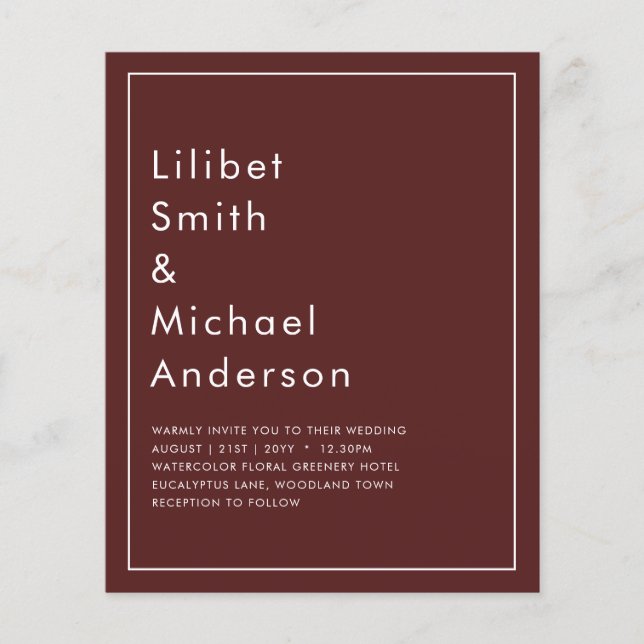 Flyer Simples Casamento Monocromático da Burgundy do ORÇ (Frente)