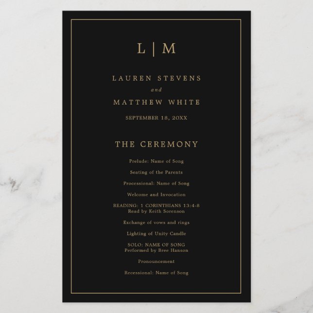 Flyer Simples Monograma Dourado Programa de Casamento de (Frente)